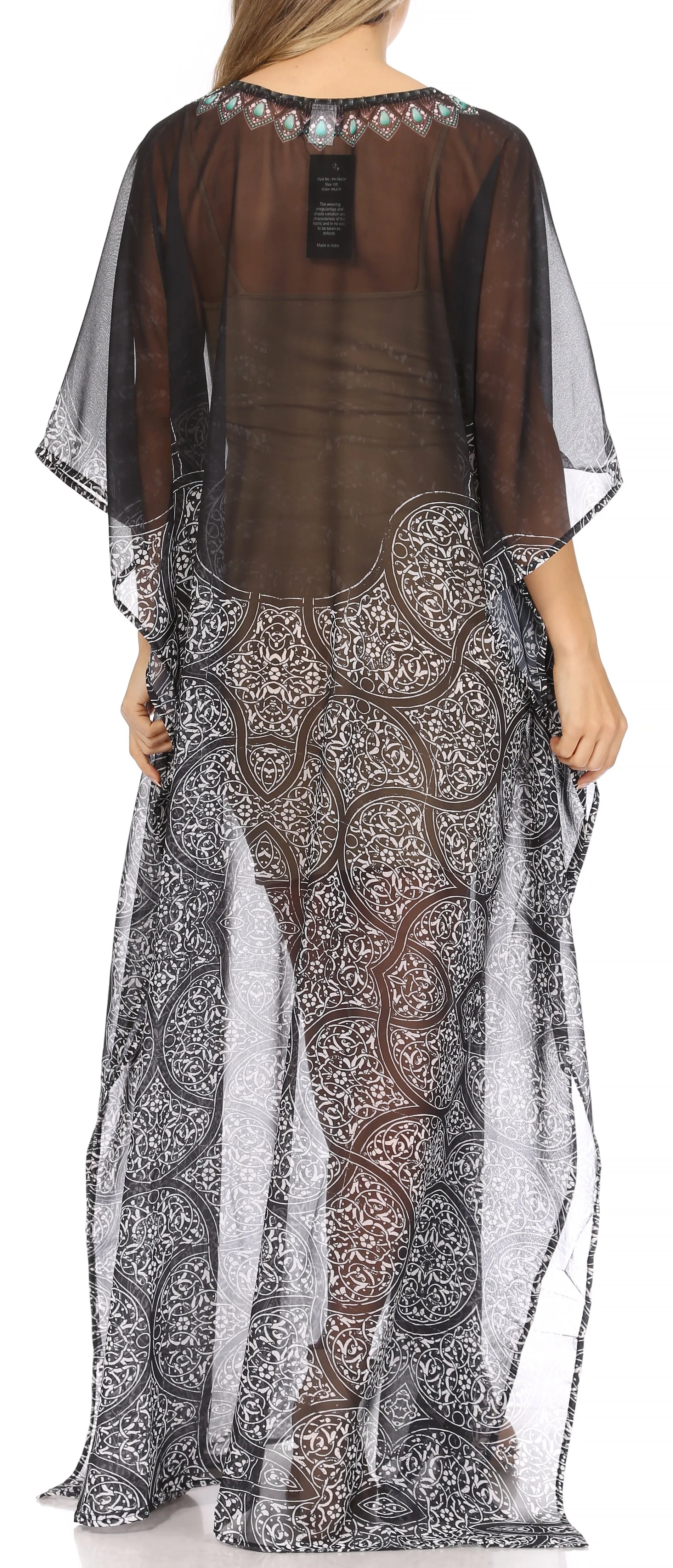 Sakkas Wilder Printed Design Long Sheer Rhinestone Caftan Dress / Cover Up