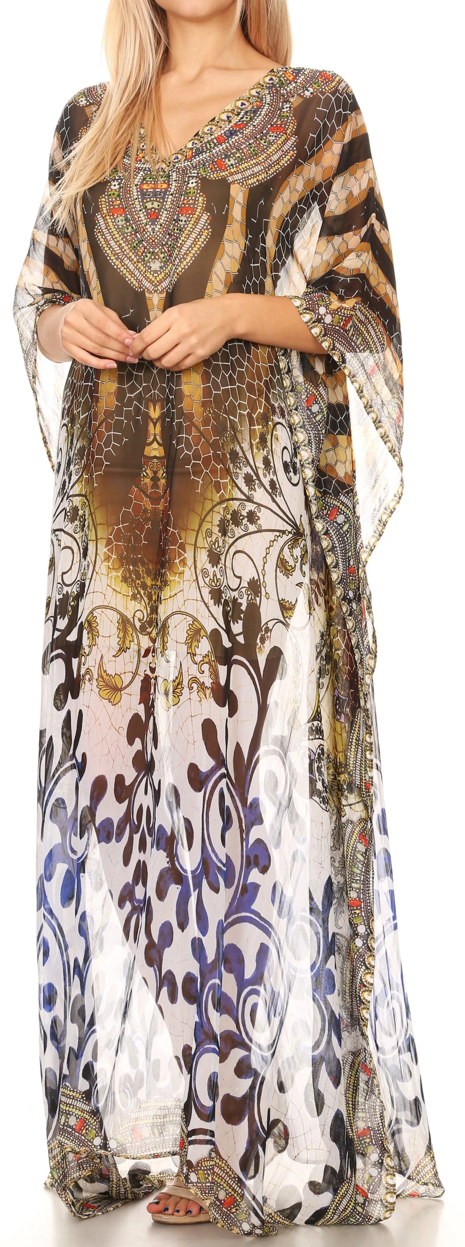 Sakkas Wilder Printed Design Long Sheer Rhinestone Caftan Dress / Cover Up