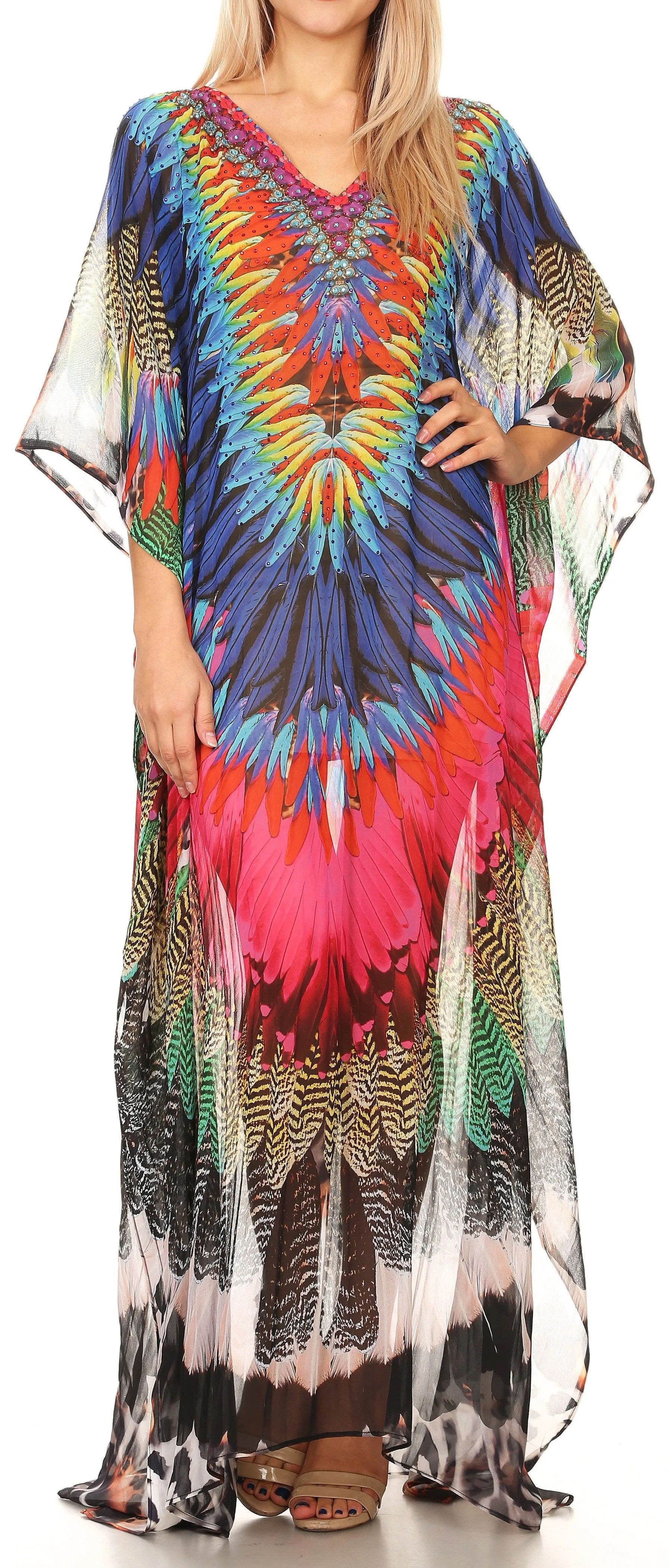 Sakkas Wilder Printed Design Long Sheer Rhinestone Caftan Dress / Cover Up