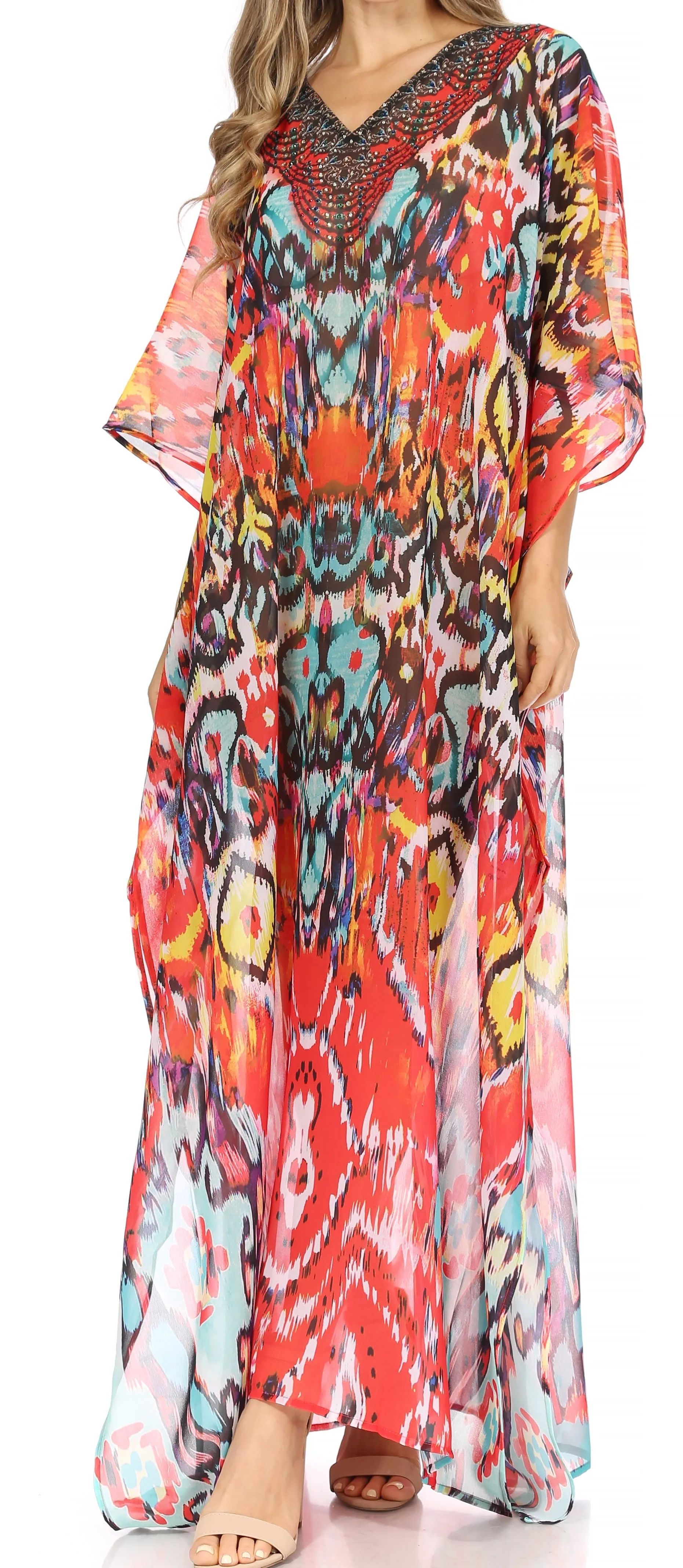 Sakkas Wilder Printed Design Long Sheer Rhinestone Caftan Dress / Cover Up