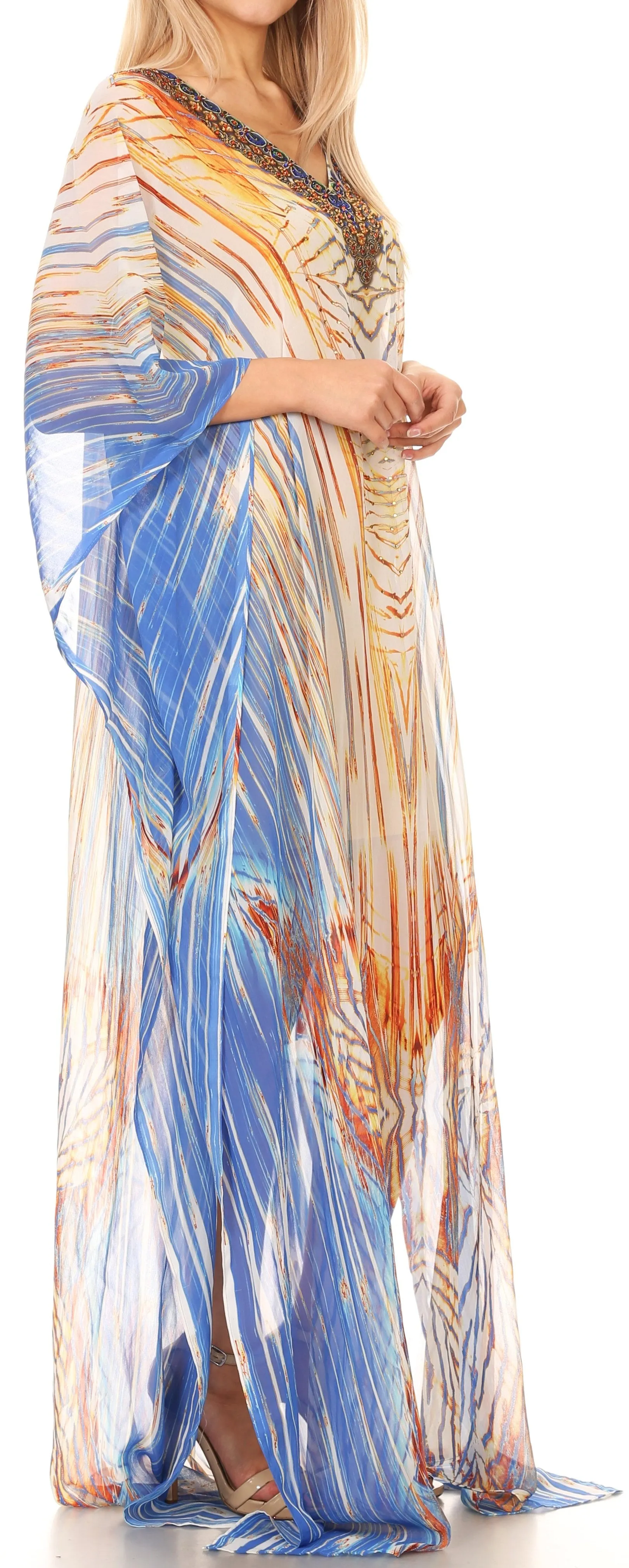 Sakkas Wilder Printed Design Long Sheer Rhinestone Caftan Dress / Cover Up