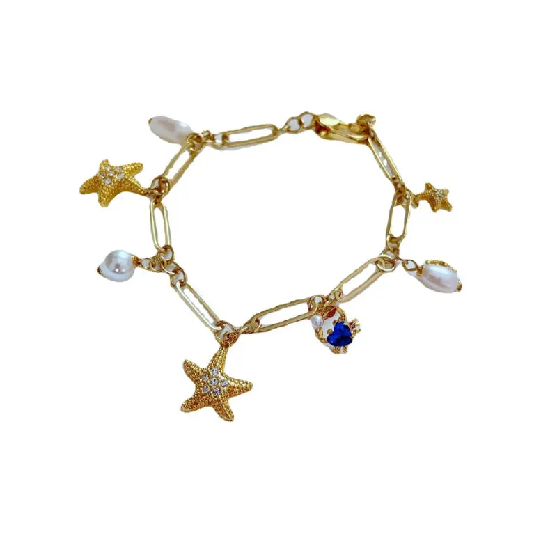 Sea animal starfish designer bracelet for women girls shine diamond nature luxury pearl bamboo chain love four star fish cute crab charm bracelets jewelry gift