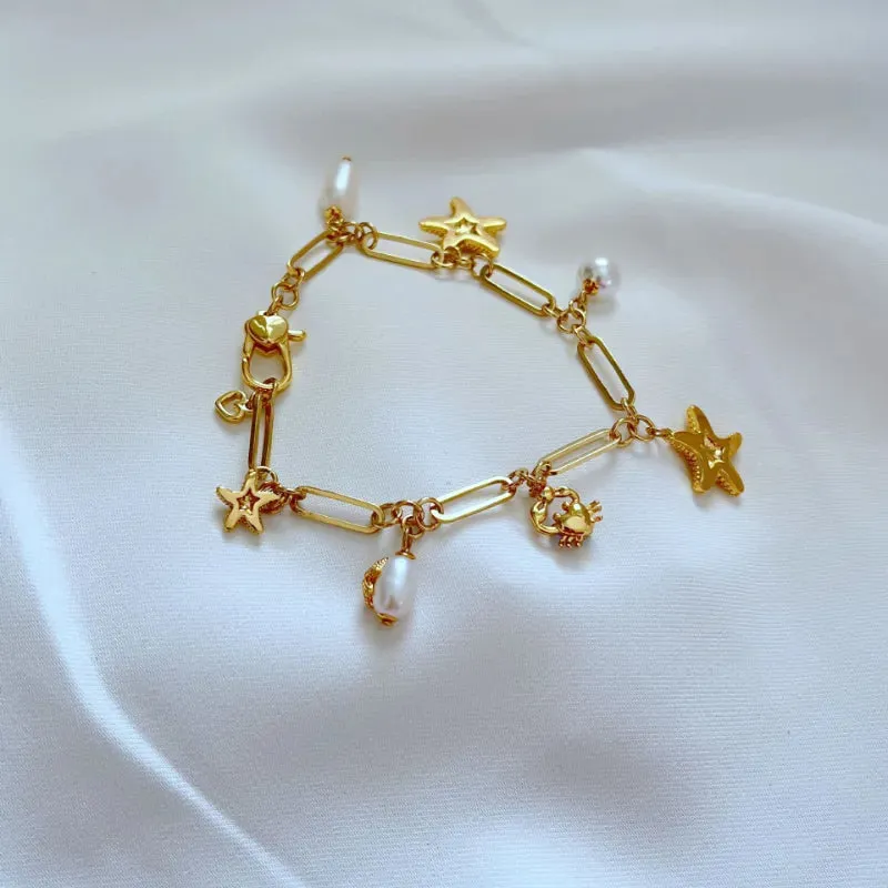 Sea animal starfish designer bracelet for women girls shine diamond nature luxury pearl bamboo chain love four star fish cute crab charm bracelets jewelry gift