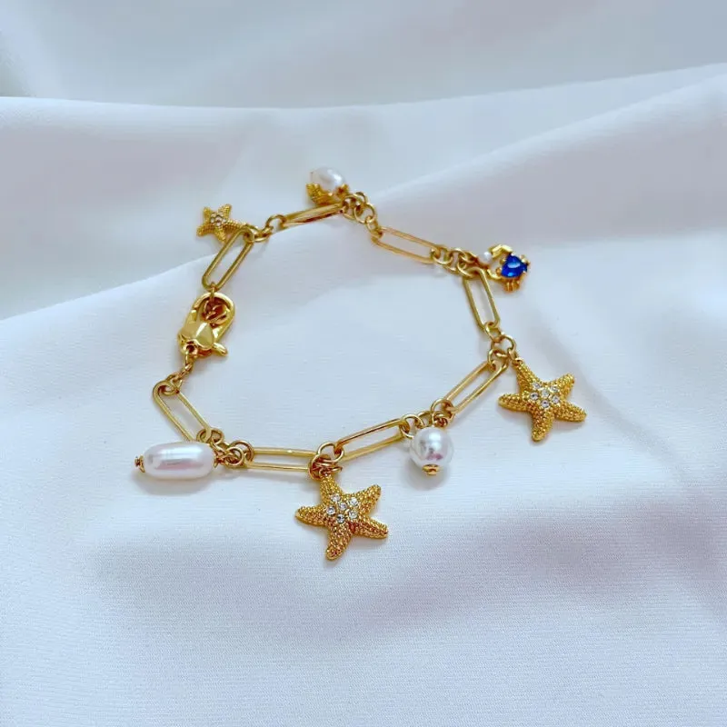 Sea animal starfish designer bracelet for women girls shine diamond nature luxury pearl bamboo chain love four star fish cute crab charm bracelets jewelry gift