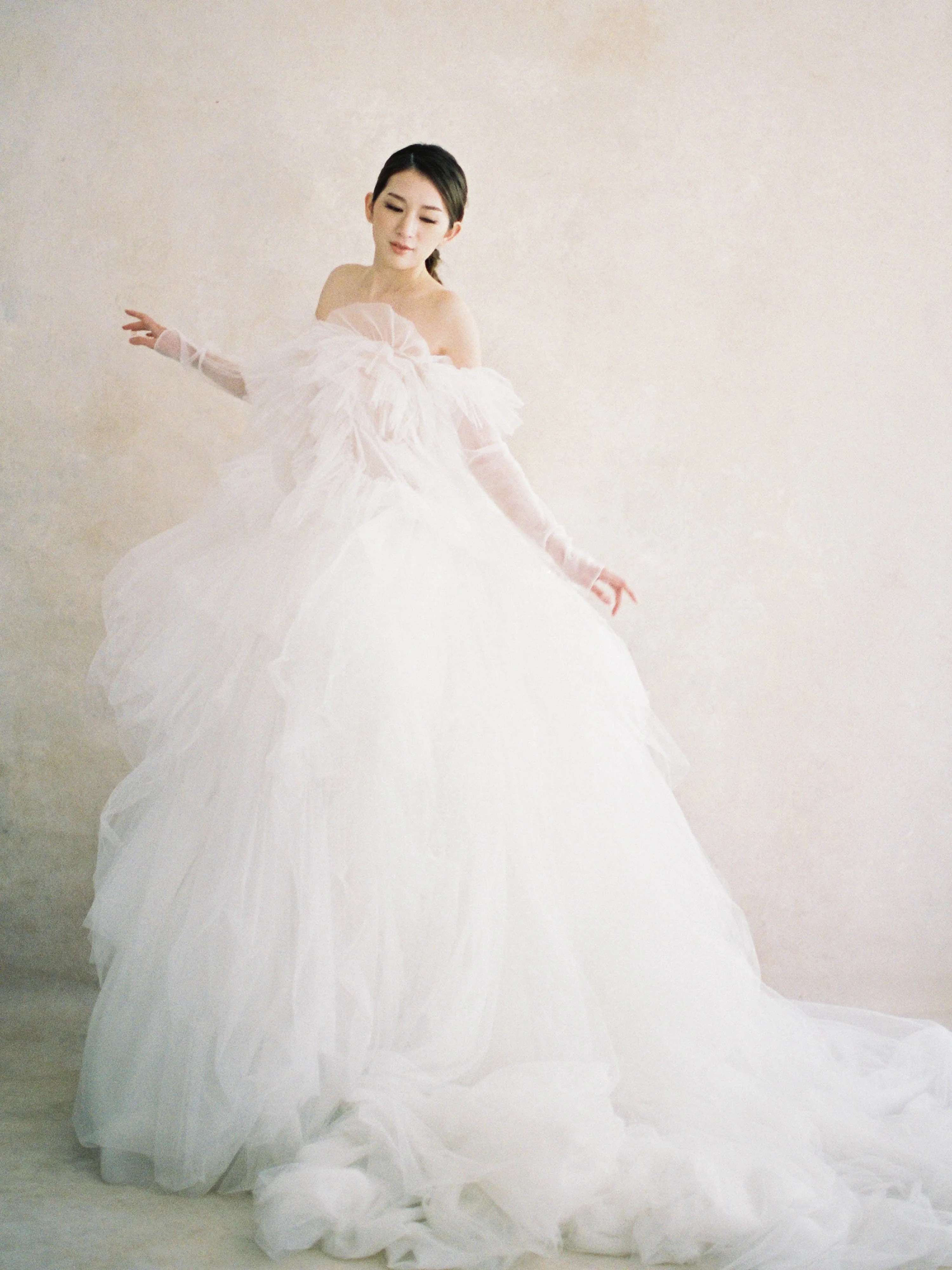 Silk Tulle - Long Sleeve Strapless Ball Gown Wedding Dress, Offwhite