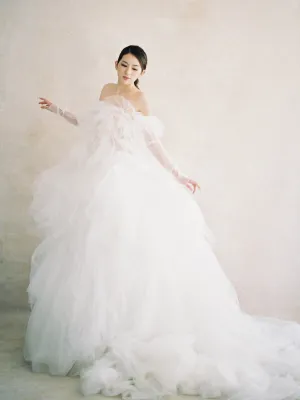 Silk Tulle - Long Sleeve Strapless Ball Gown Wedding Dress, Offwhite