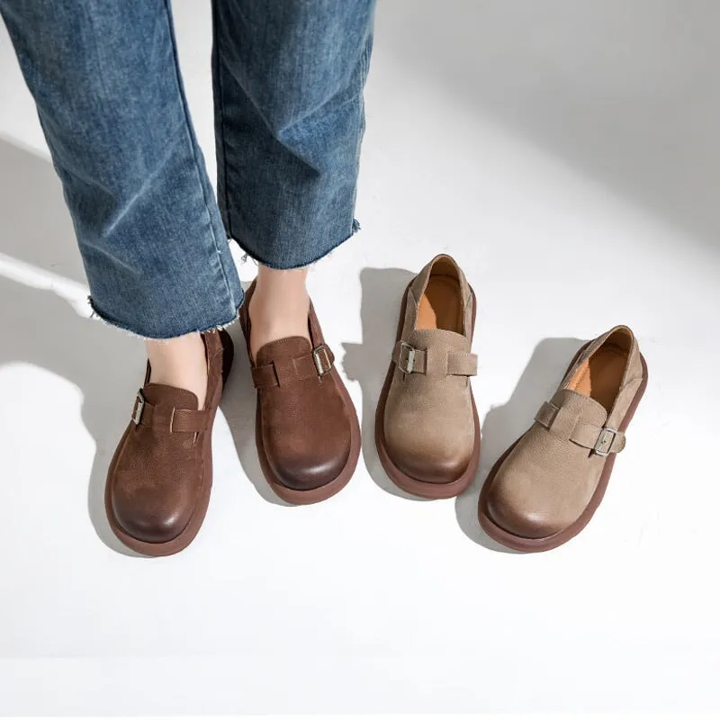 Soft Leather Loafers Mori Girl Shoes in Coffee/Apicot