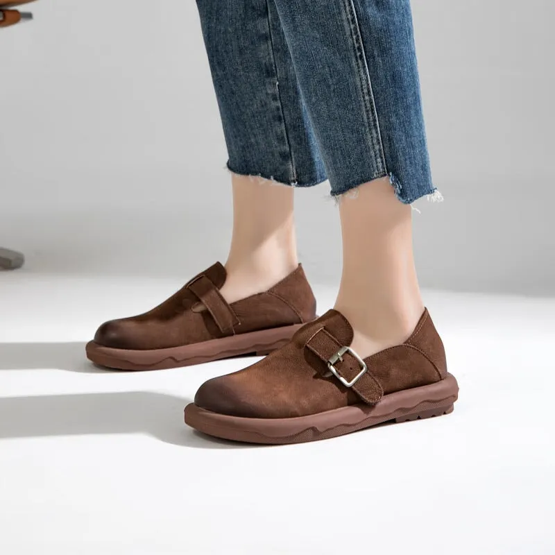 Soft Leather Loafers Mori Girl Shoes in Coffee/Apicot