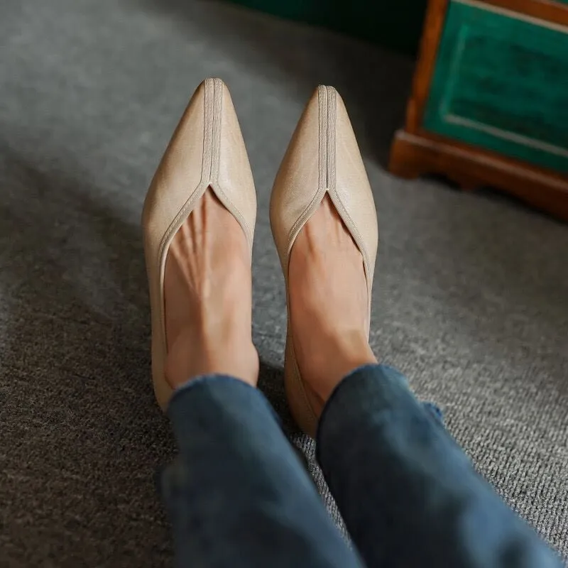 Soft Leather Slip On Flats in Beige/Black/Khaki