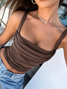 Solid Backless Ruched Square Collar Basic Crop Top Women Slim Sexy Tank Vest