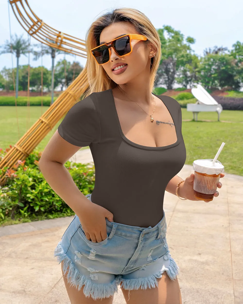 Square Neck Short Sleeve Bodysuits