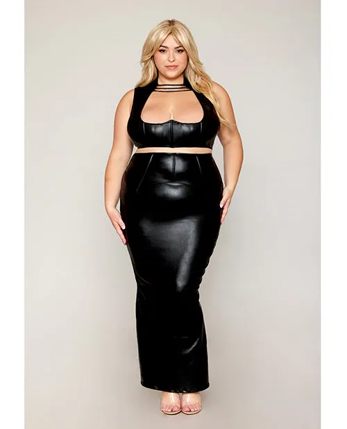 Stretch Faux Leather Harness Bra & Long Slip Skirt