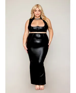 Stretch Faux Leather Harness Bra & Long Slip Skirt