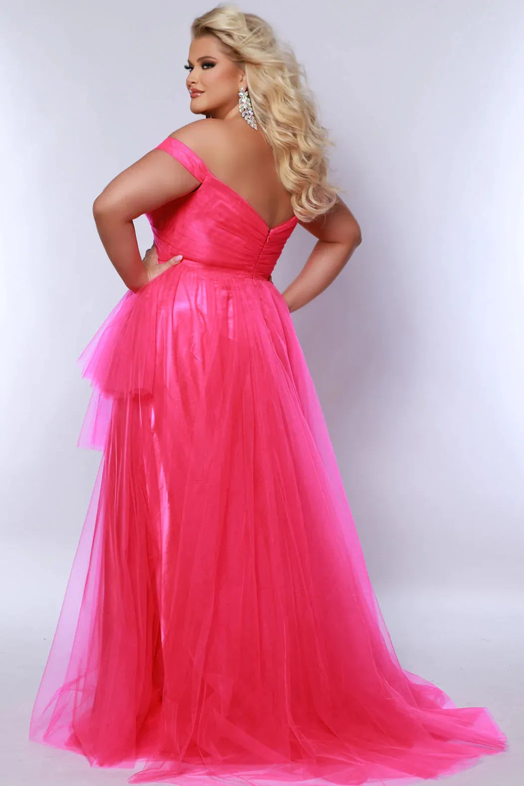 Sydneys Closet SC7388 Long Prom Dress Plus Size A-Line Off Shoulder Asymmetrical skirt with 3 tiers Formal Gown Pageant