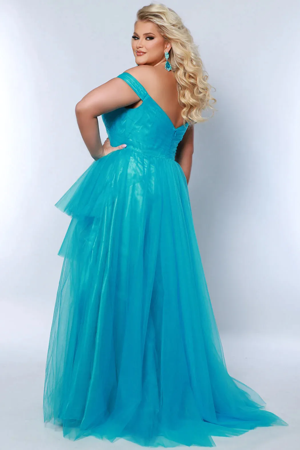 Sydneys Closet SC7388 Long Prom Dress Plus Size A-Line Off Shoulder Asymmetrical skirt with 3 tiers Formal Gown Pageant