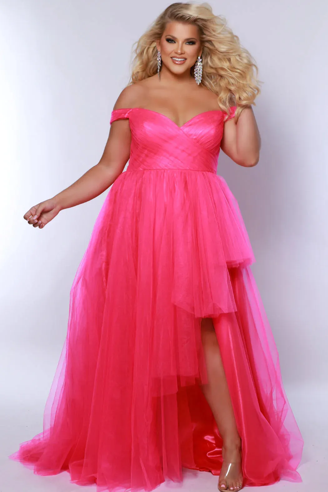 Sydneys Closet SC7388 Long Prom Dress Plus Size A-Line Off Shoulder Asymmetrical skirt with 3 tiers Formal Gown Pageant