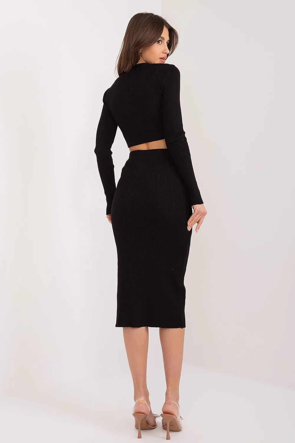 TEEK - Cropped V-Neck Top Button Slit Skirt Set