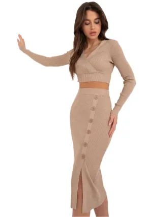 TEEK - Cropped V-Neck Top Button Slit Skirt Set