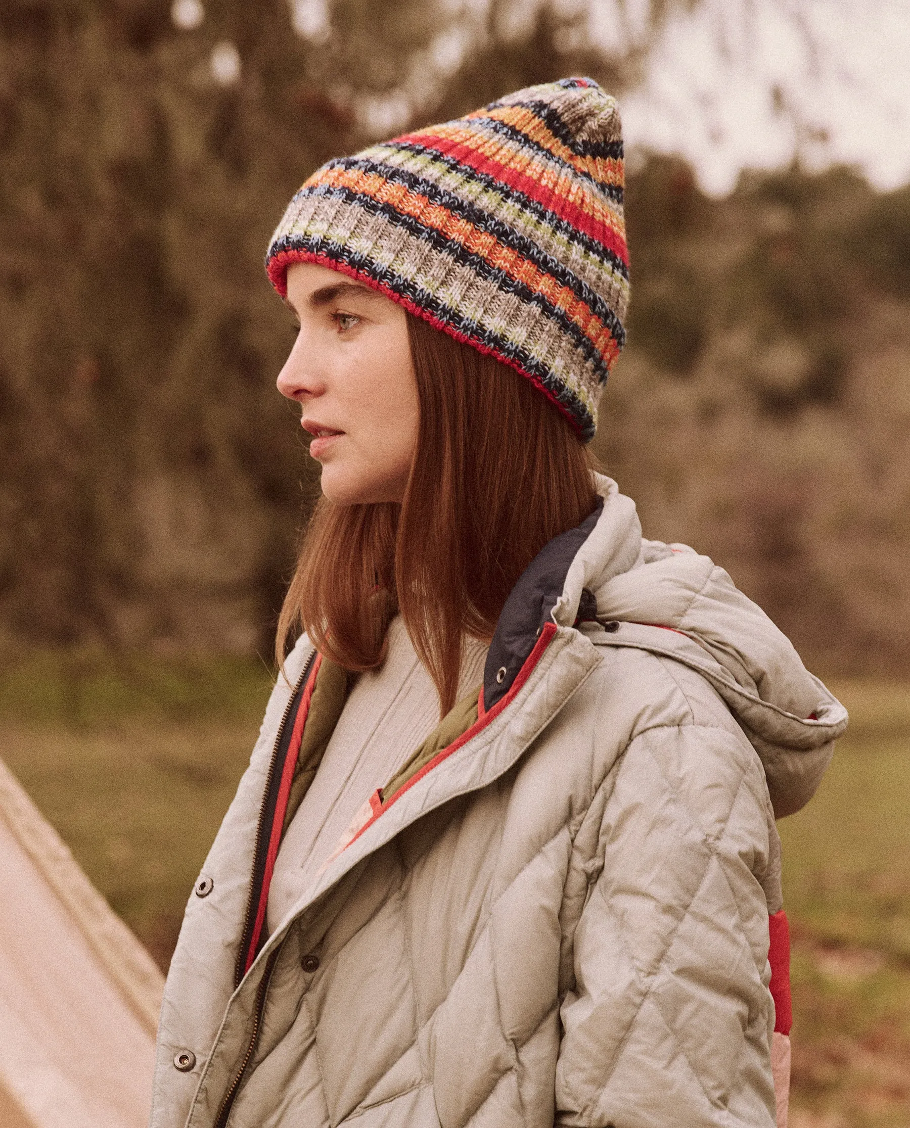 The Cabin Beanie. -- Camp Marled Stripe