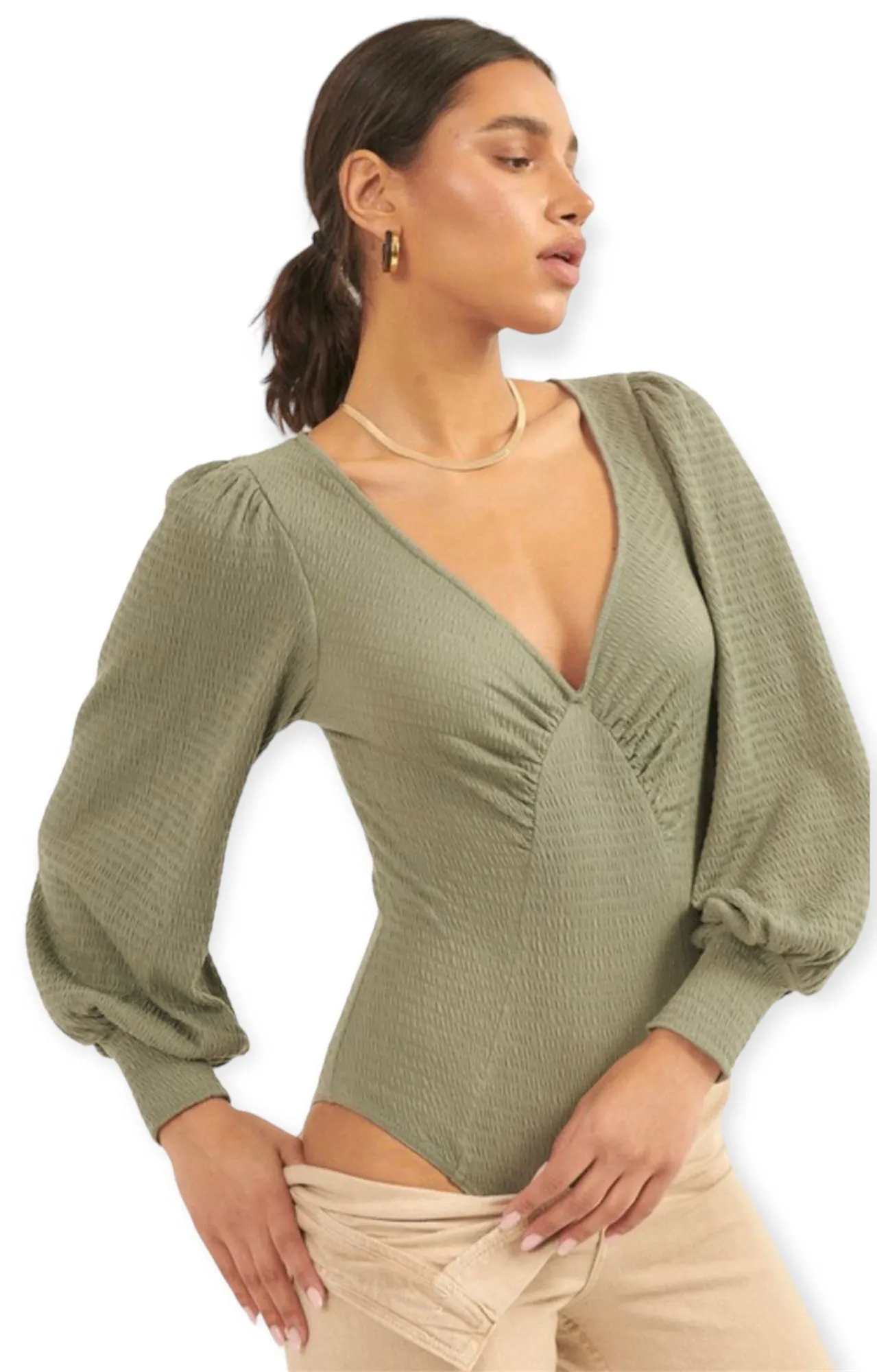 The Camilla Deep V Neck Long Sleeve Bodysuit- Green