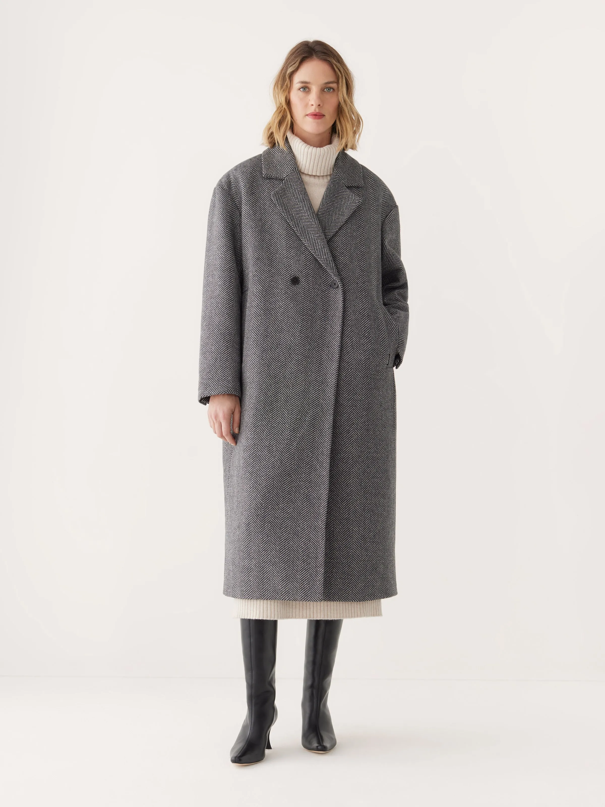 The Herringbone Recycled Wool Coat in Black