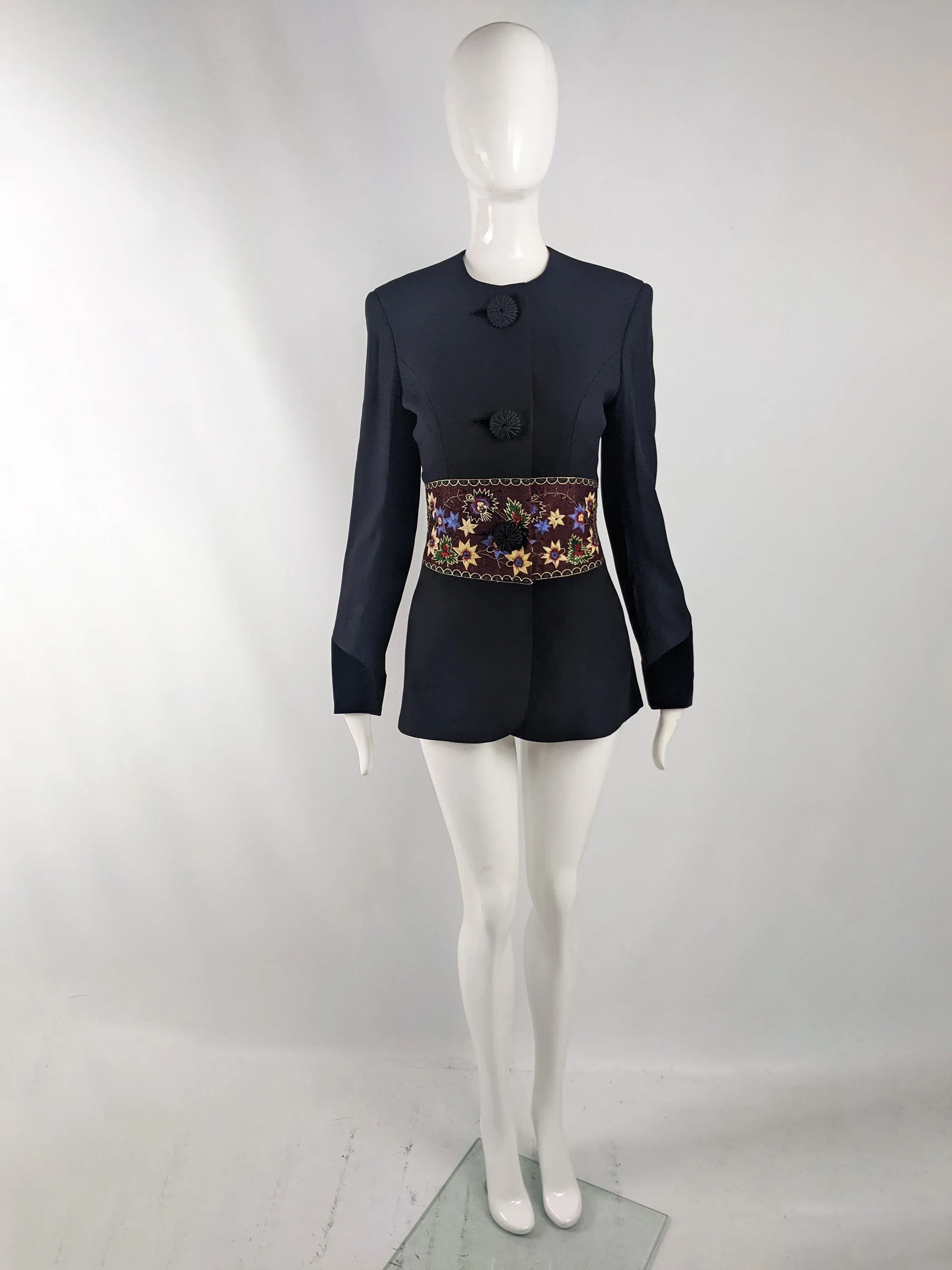 Tomasz Starzewski Vintage Black Crepe Embroidered Jacket, 1980s