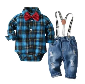 Trendy Baby Boy Denim and Plaid Shirt Set