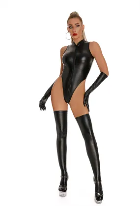 Trendy Black Faux Leather Latex Bodysuit Set