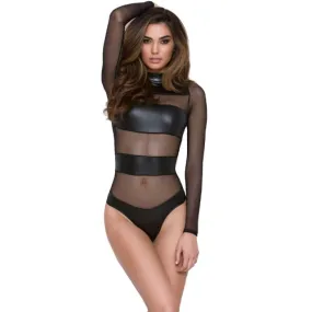 Trendy Faux Leather Mesh  Bodysuit