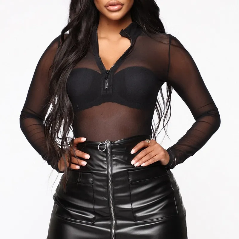 Trendy Mesh Long Sleeve Zipper Bodysuit