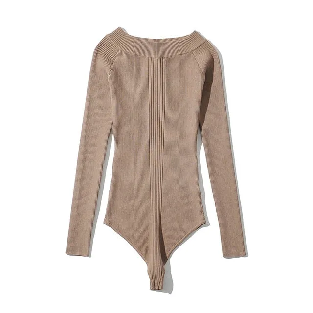 Trendy Off The Shoulder Knitted Long Sleeve Bodysuit