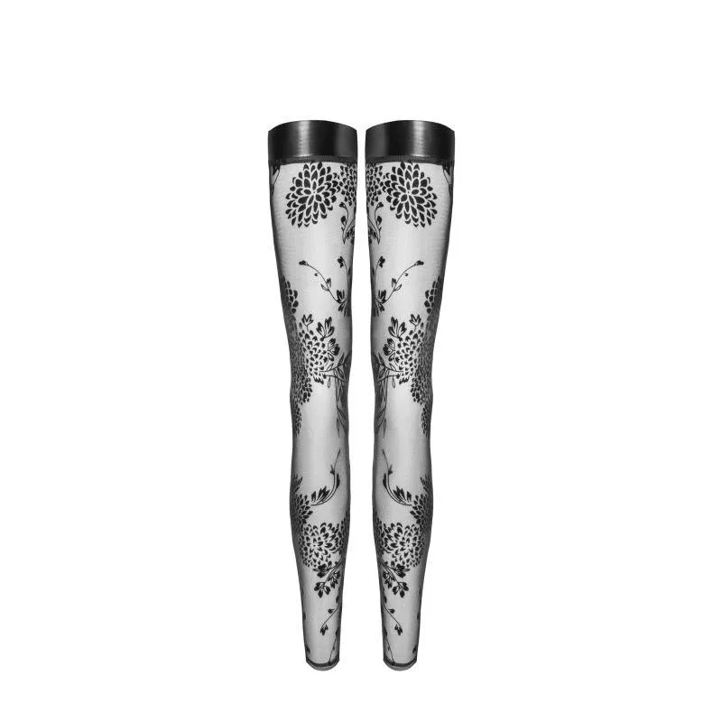 Tulle Stockings w Patterned Flock Embroidery & Power Wetlook Band