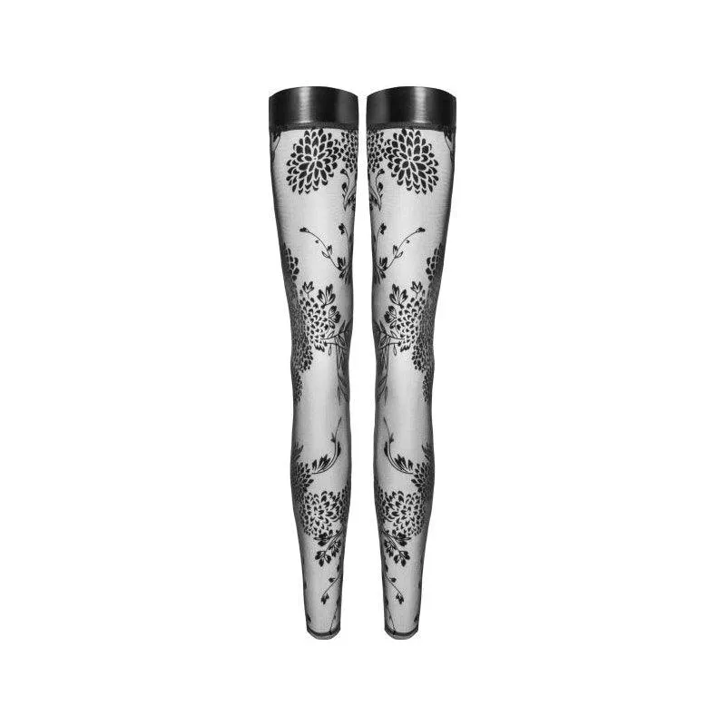 Tulle Stockings w Patterned Flock Embroidery & Power Wetlook Band