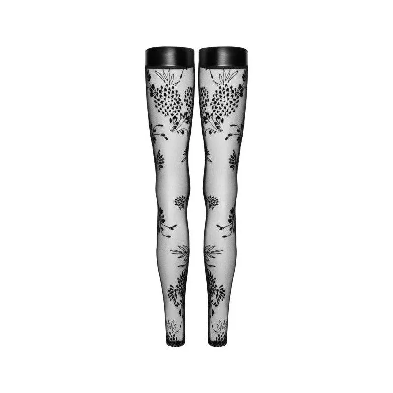 Tulle Stockings w Patterned Flock Embroidery & Power Wetlook Band