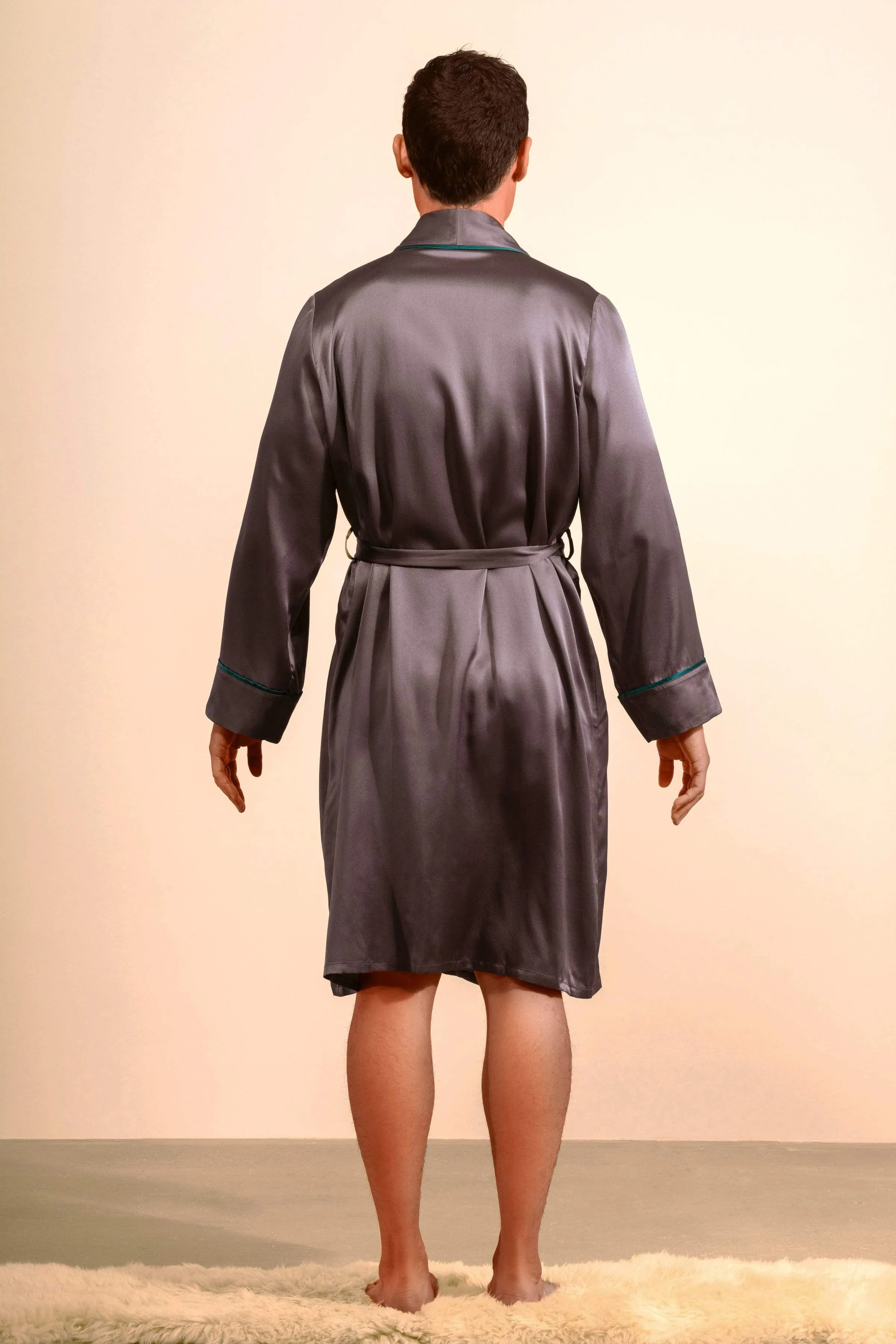 Unisex Silk Midi Smoking Robe · Charcoal Grey · Extended Sizing