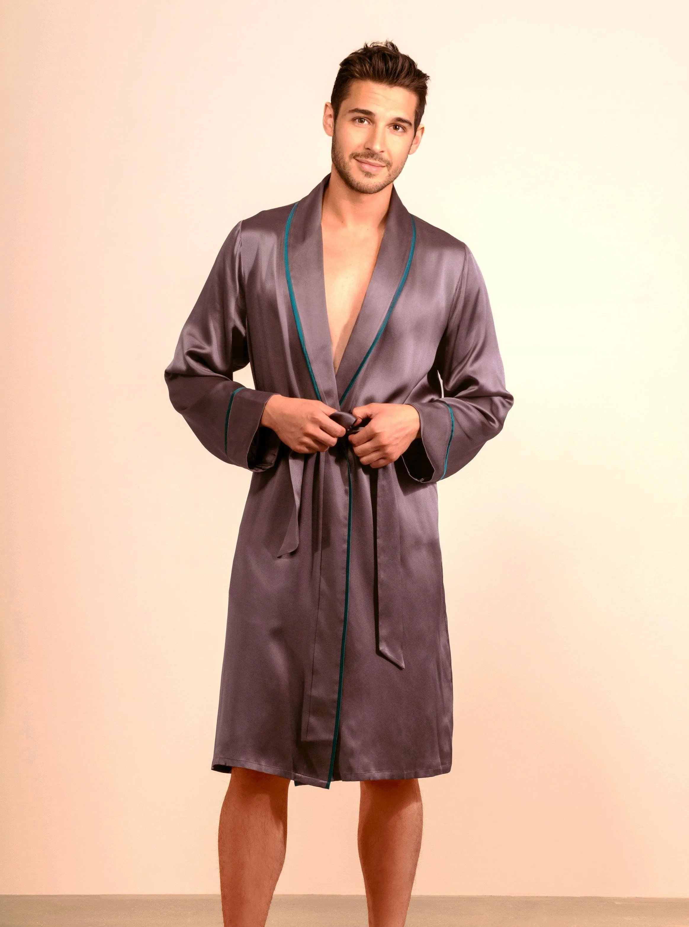 Unisex Silk Midi Smoking Robe · Charcoal Grey · Extended Sizing