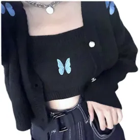 Uniwim clothes Autumn New Korean Style Preppy Style Butterfly Embroidered Princess Sleeve Short Sling Coat Two-Piece Cardigan for Women