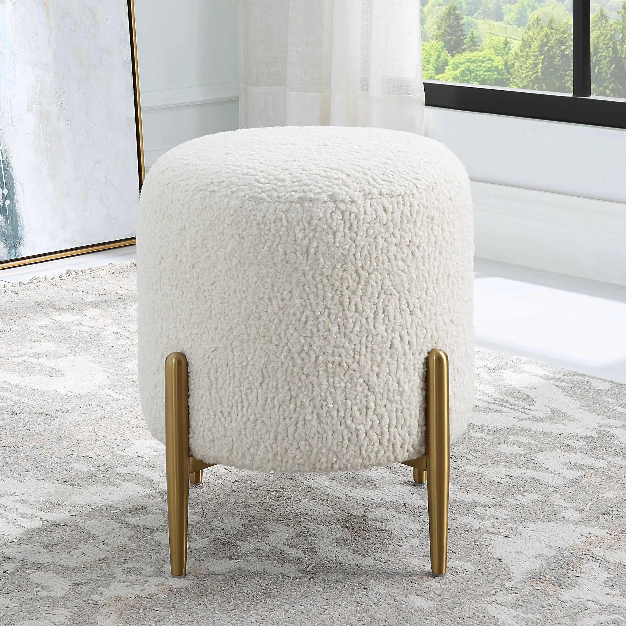 Uttermost Arles White Shearling Brass Ottoman