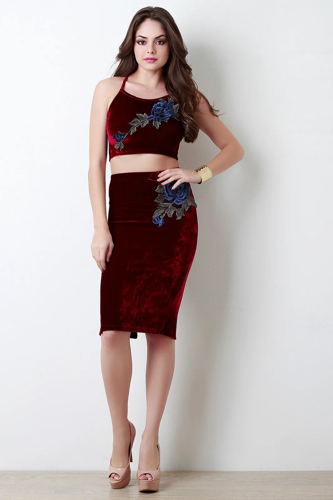 Velvet Embroidered Floral Midi Skirt