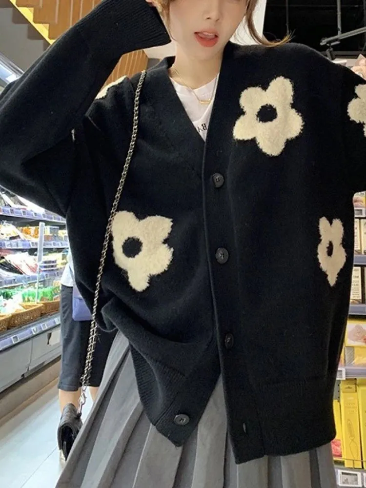 Vevesc Floral Cardigan Women Autumn Winter Knitted Sweater Female Korean Preppy Style Coat Ladies Casual Loose Cardigans Streetwear