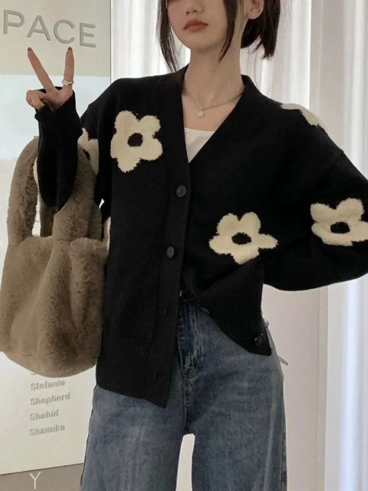 Vevesc Floral Cardigan Women Autumn Winter Knitted Sweater Female Korean Preppy Style Coat Ladies Casual Loose Cardigans Streetwear