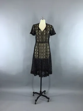 Vintage 1930s Bias Cut Black Lace Day Dress