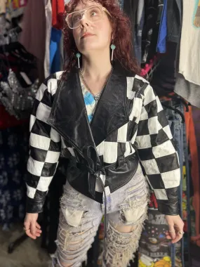 Vintage 80s Black & White Checkered Leather Jacket