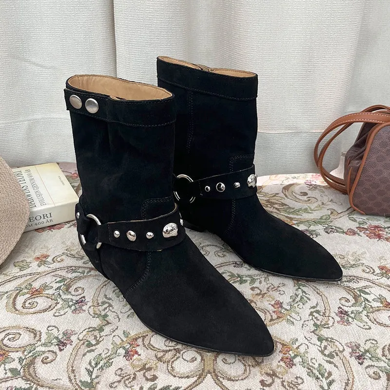 Vintage Suede Leather Boots For Women Western Boots With Rivet Design