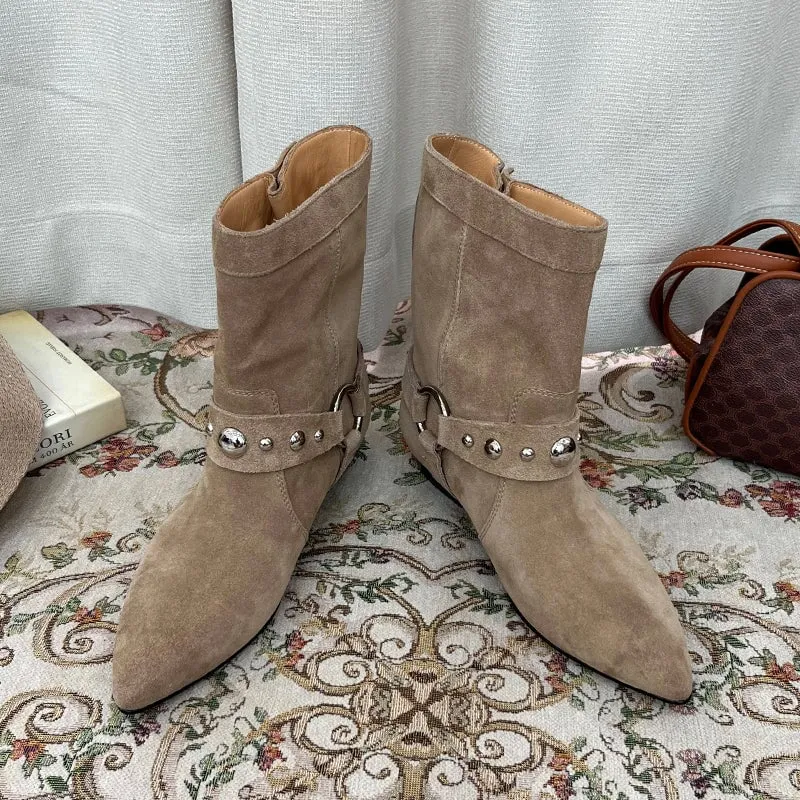 Vintage Suede Leather Boots For Women Western Boots With Rivet Design