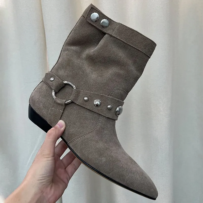 Vintage Suede Leather Boots For Women Western Boots With Rivet Design