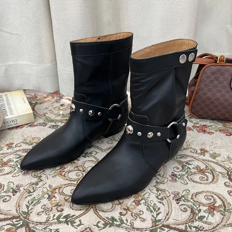 Vintage Suede Leather Boots For Women Western Boots With Rivet Design