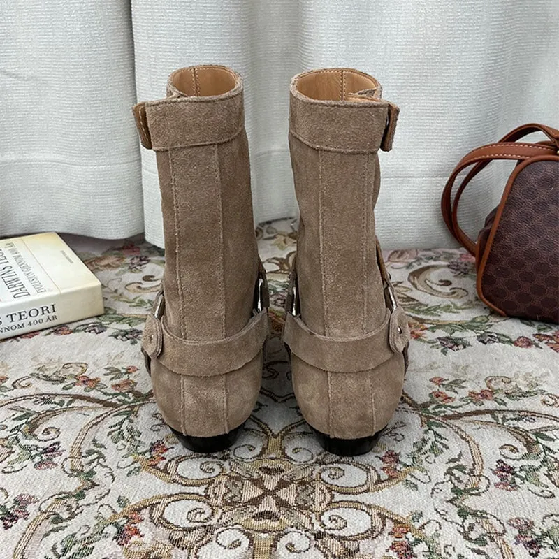 Vintage Suede Leather Boots For Women Western Boots With Rivet Design