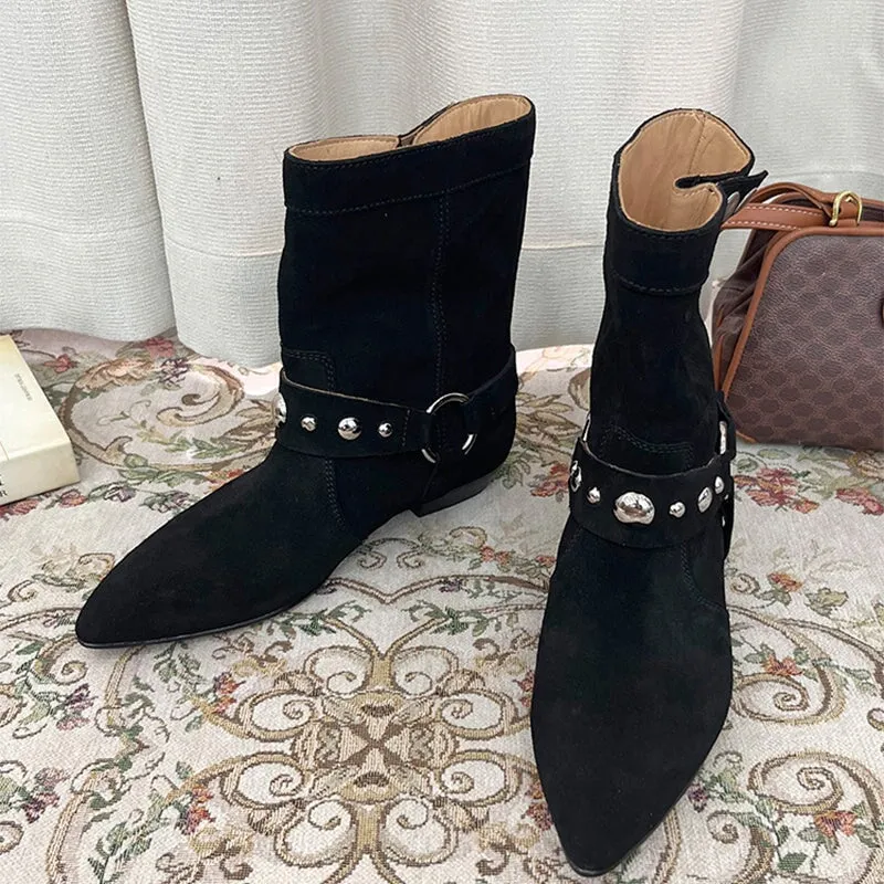 Vintage Suede Leather Boots For Women Western Boots With Rivet Design