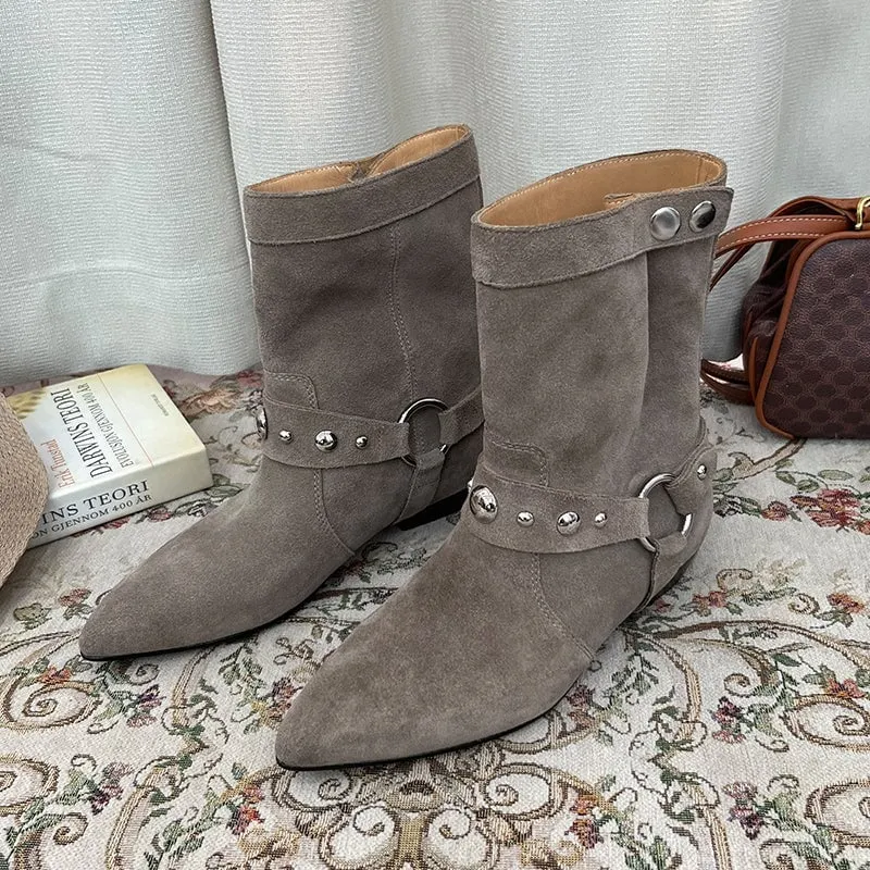 Vintage Suede Leather Boots For Women Western Boots With Rivet Design